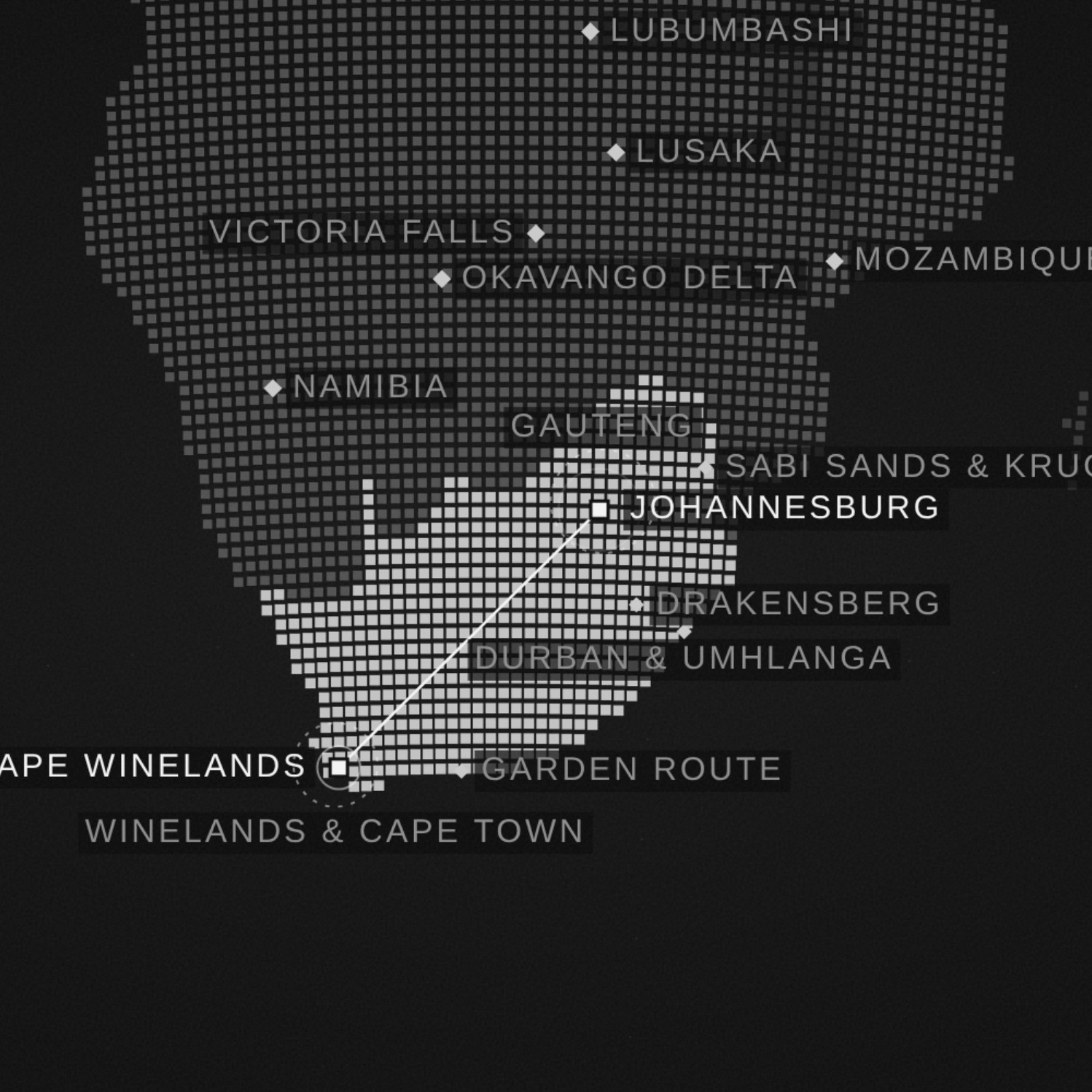 Map of South Africa showing the two bases and coverage areas