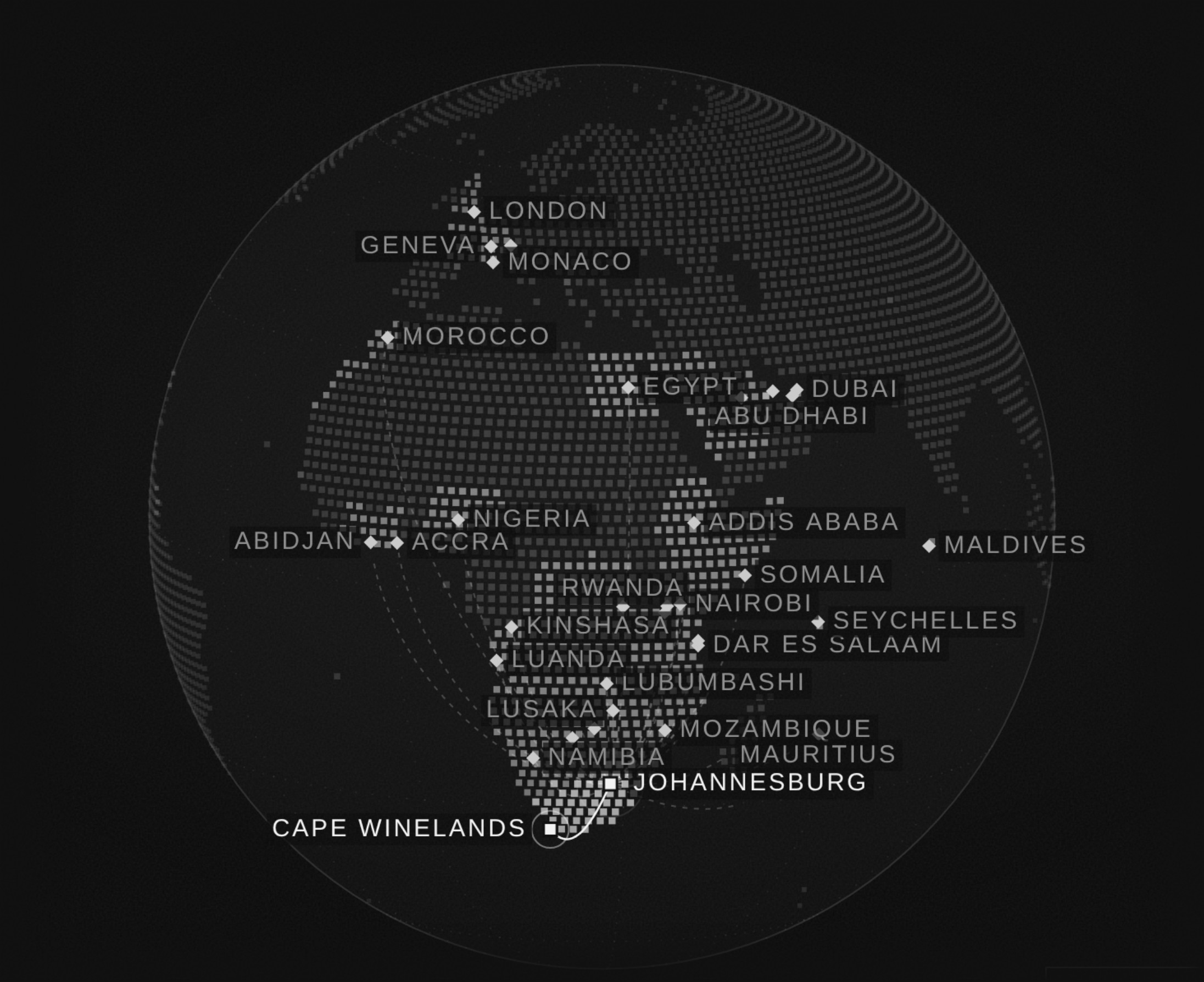 Globe showing ONE Security Group bases in Johannesburg and the Cape Winelands and close protection client travel across Africa, the Middle East and Europe
