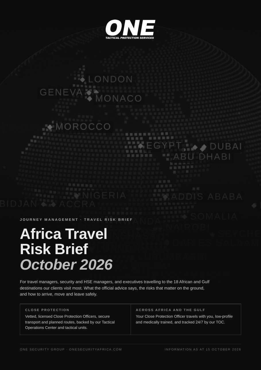Cover of the ONE Security Group Africa Travel Risk Brief, October 2026